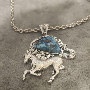 Silver Horse Pendant Necklace with Blue Stone